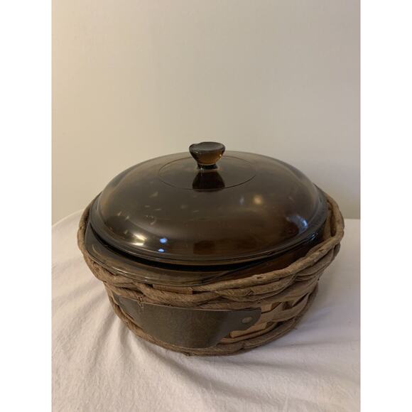 PYREX 024 2L Corning Amber Brown Glass Round Bowl Casserole Dish with Lid Basket - Picture 4 of 16